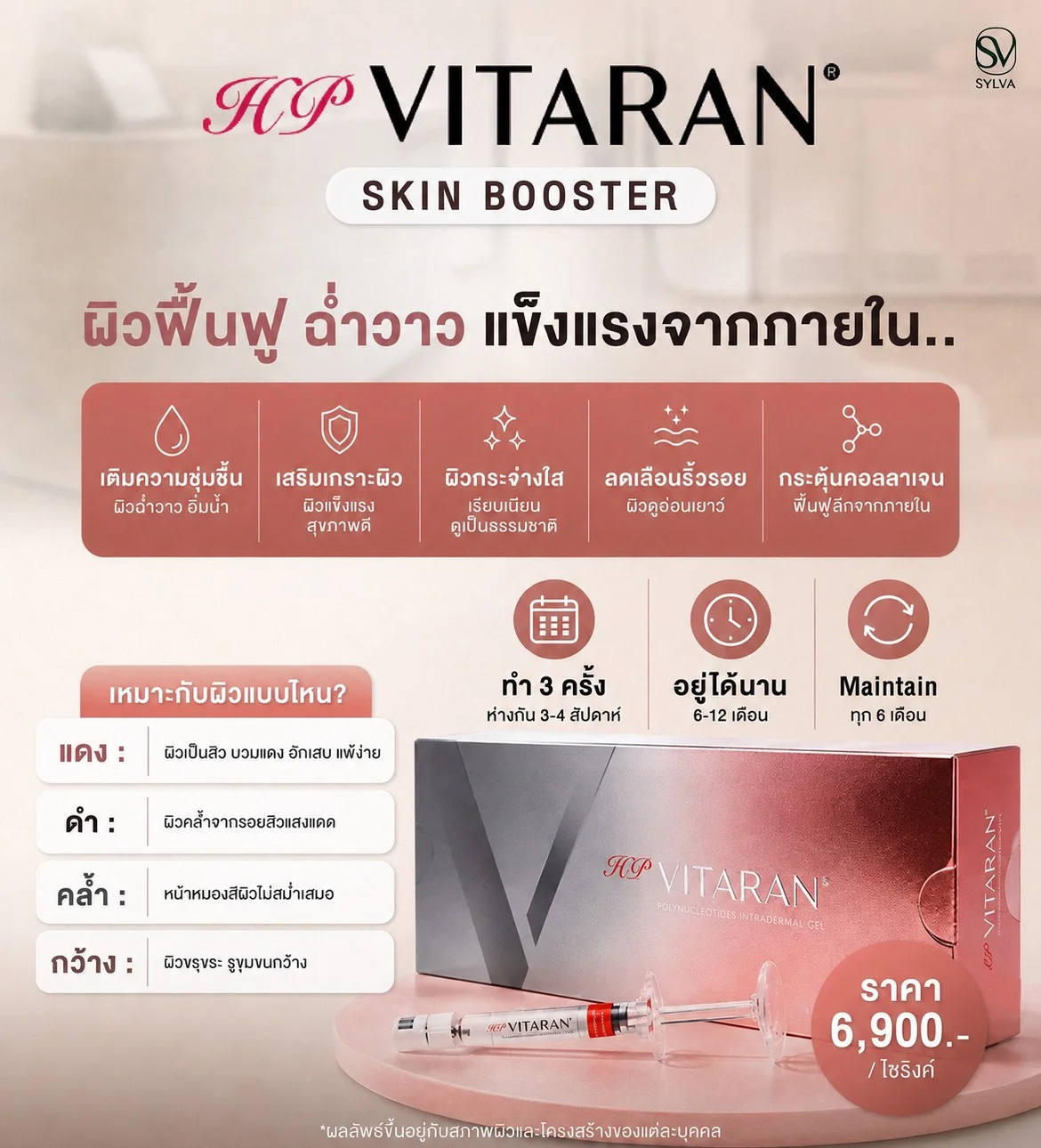 Vitaran HP Skin Booster — คุณสมบัติ เติมความชุ่มชื้น เสริมเกราะผิว ผิวกระจ่างใส ลดเลือนริ้วรอย กระตุ้นคอลลาเจน และเหมาะกับผิวแบบไหน