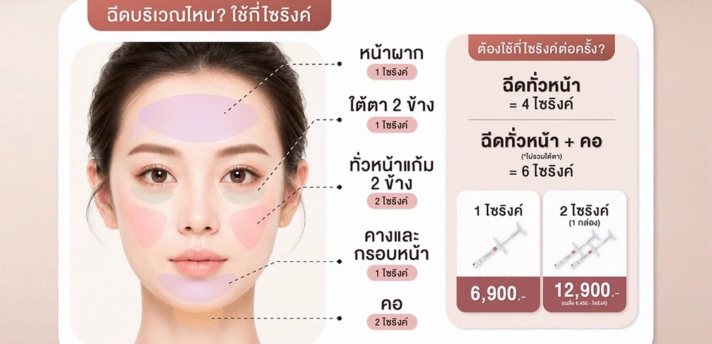 ตำแหน่งฉีด Vitaran HP และจำนวนไซริงค์ที่แนะนำต่อบริเวณ — หน้าผาก ใต้ตา 2 ข้าง ทั่วหน้าแก้ม 2 ข้าง คางและกรอบหน้า และคอ