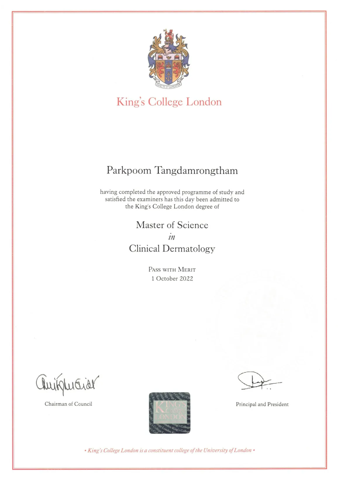 M.Sc. Clinical Dermatology · King's College London (2022)